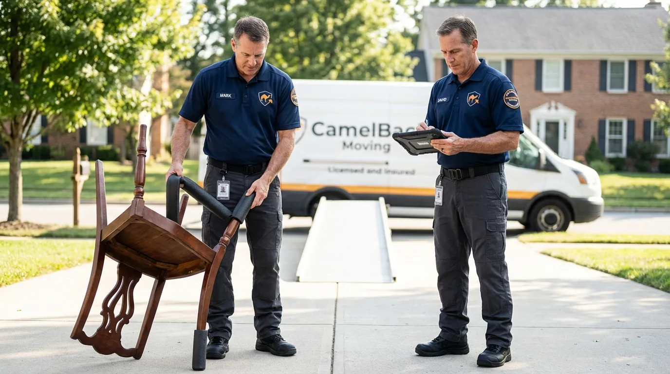 Movers inspecting furniture for damage prevention before loading in Ridgefield, WA