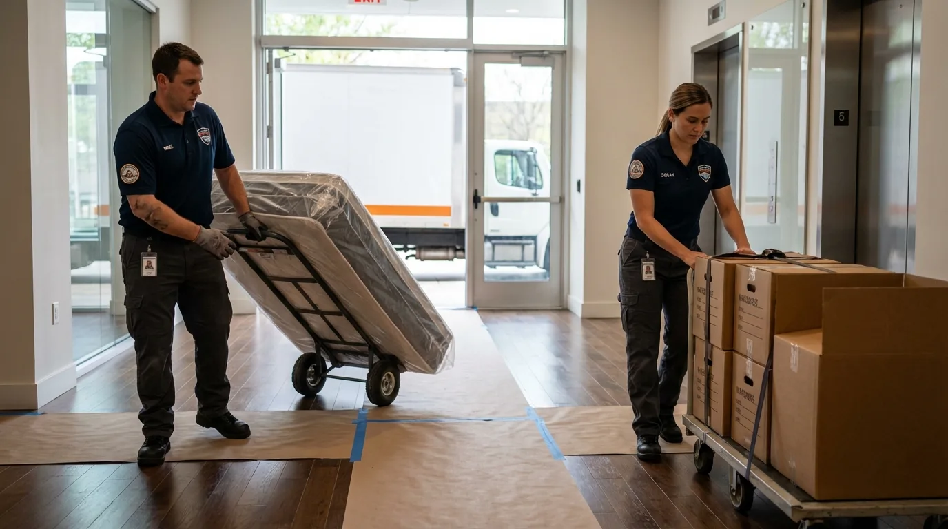 Professional apartment movers loading elevator in Ridgefield, WA